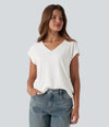 V Neck Short Sleeve Casual T-Shirt - White