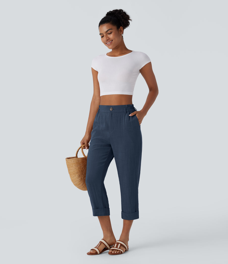 High Waisted Zipper Pocket Cropped Linen-Feel Pants - Deep Secluded Blue