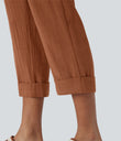 High Waisted Zipper Pocket Cropped Linen-Feel Pants - Sierra