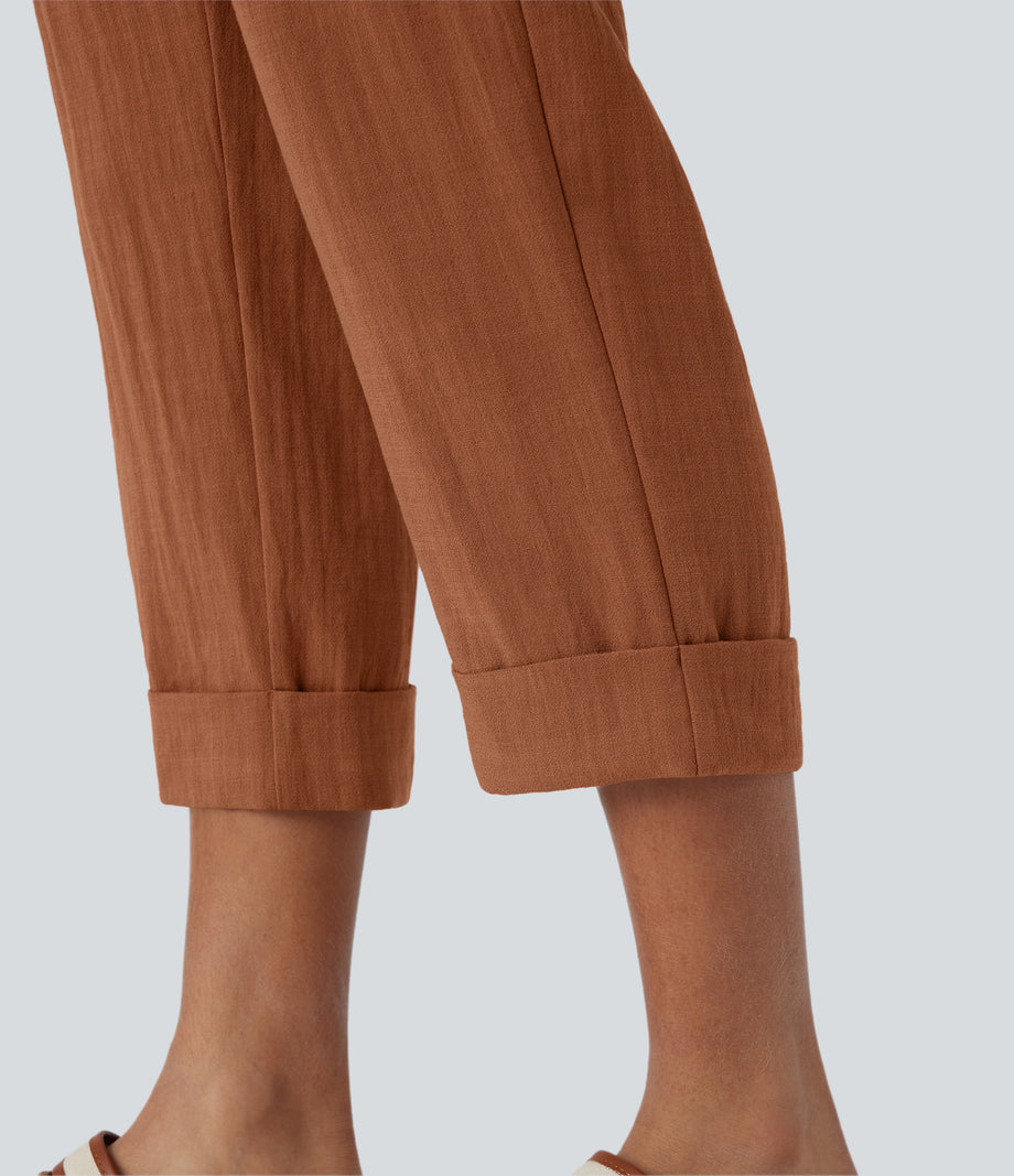 High Waisted Zipper Pocket Cropped Linen-Feel Pants - Sierra