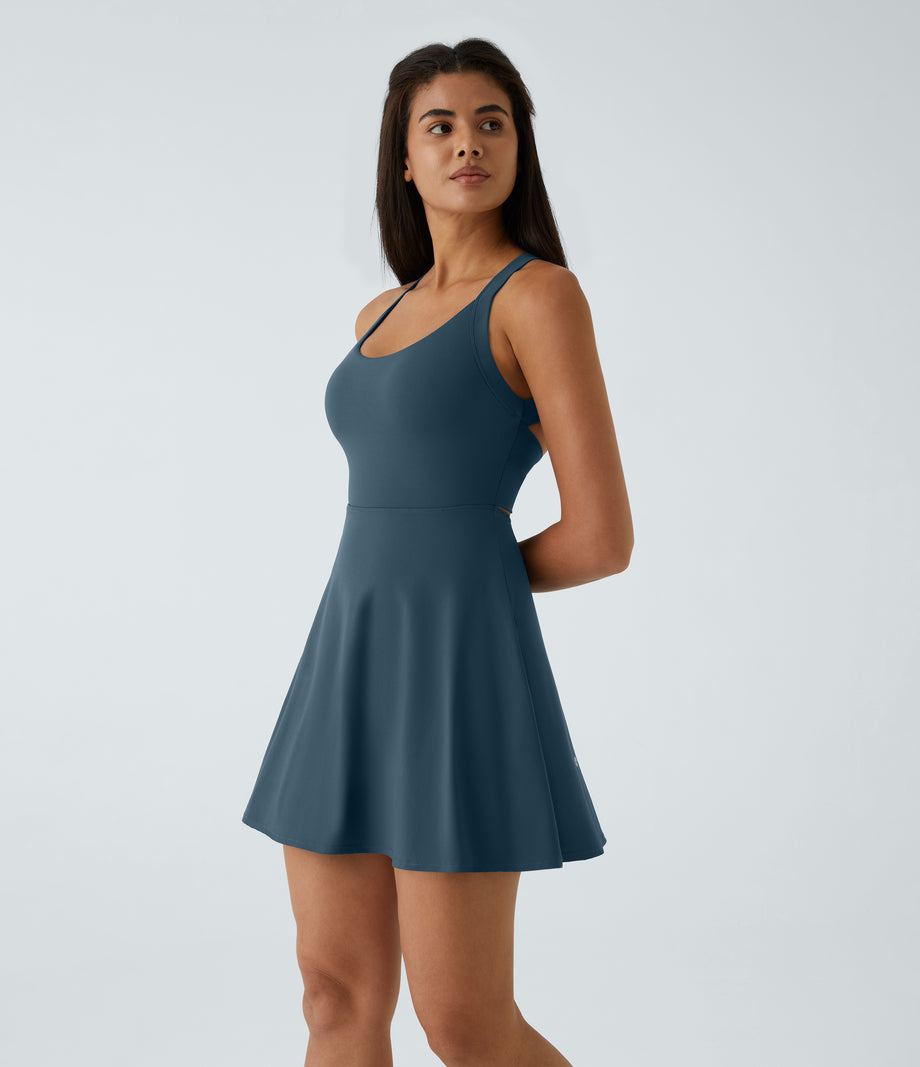 SoftlyZero™ Airy Backless Twisted Flare Low Support Dance Active Dress-Longer Length-Easy Peezy Edition A-D Cups - Majolica Blue