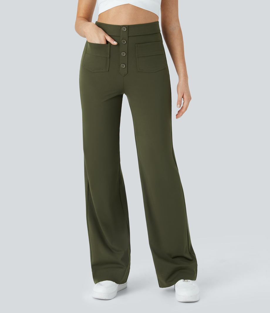 DayStretch High Waisted Pockets Straight Leg Casual Pants - Forest Night