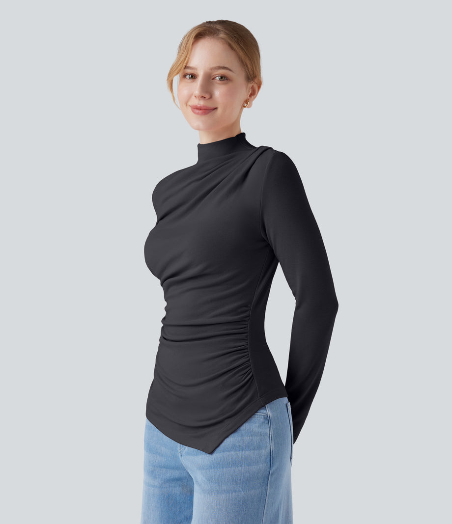 Mock-neck Long Sleeve Ruched Asymmetric Hem Thermal Casual Top - Charcoal Art