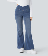 Halara Flex™ High Waisted Crossover Pocket Washed Casual Flare Jeans - Mayan Blue Denim