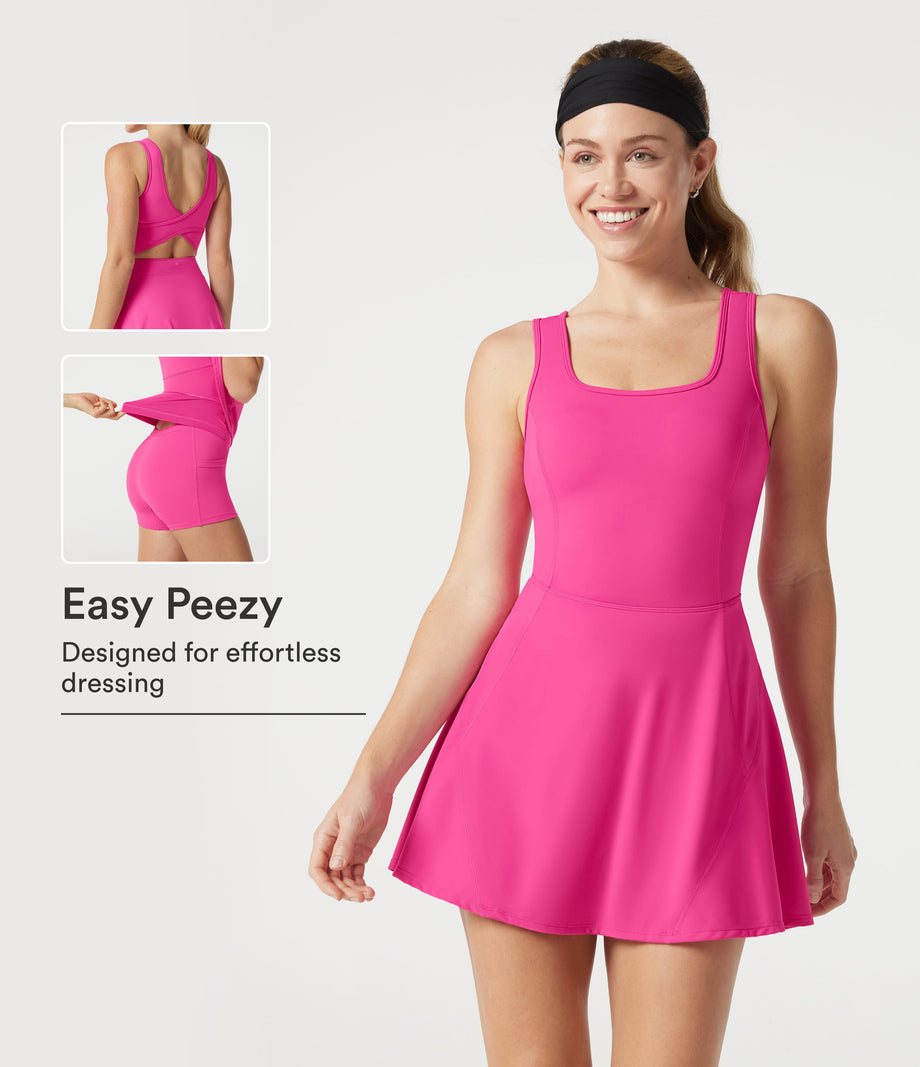 SoftlyZero™ Airy U Neck 2-in-1 Pocket Mini Cool Touch Dance Active Dress-Easy Peezy - Fuchsia Fedora
