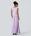 Ribbed Boat Neck Asymmetric Strap Ruched Pocket Flowy Maxi Casual Dress - Misty Purple