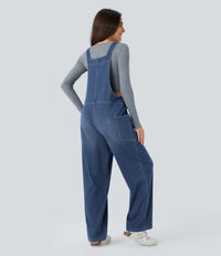 Halara Flex™ V Neck Pocket Washed Denim Casual Overalls - Frost Blue Denim