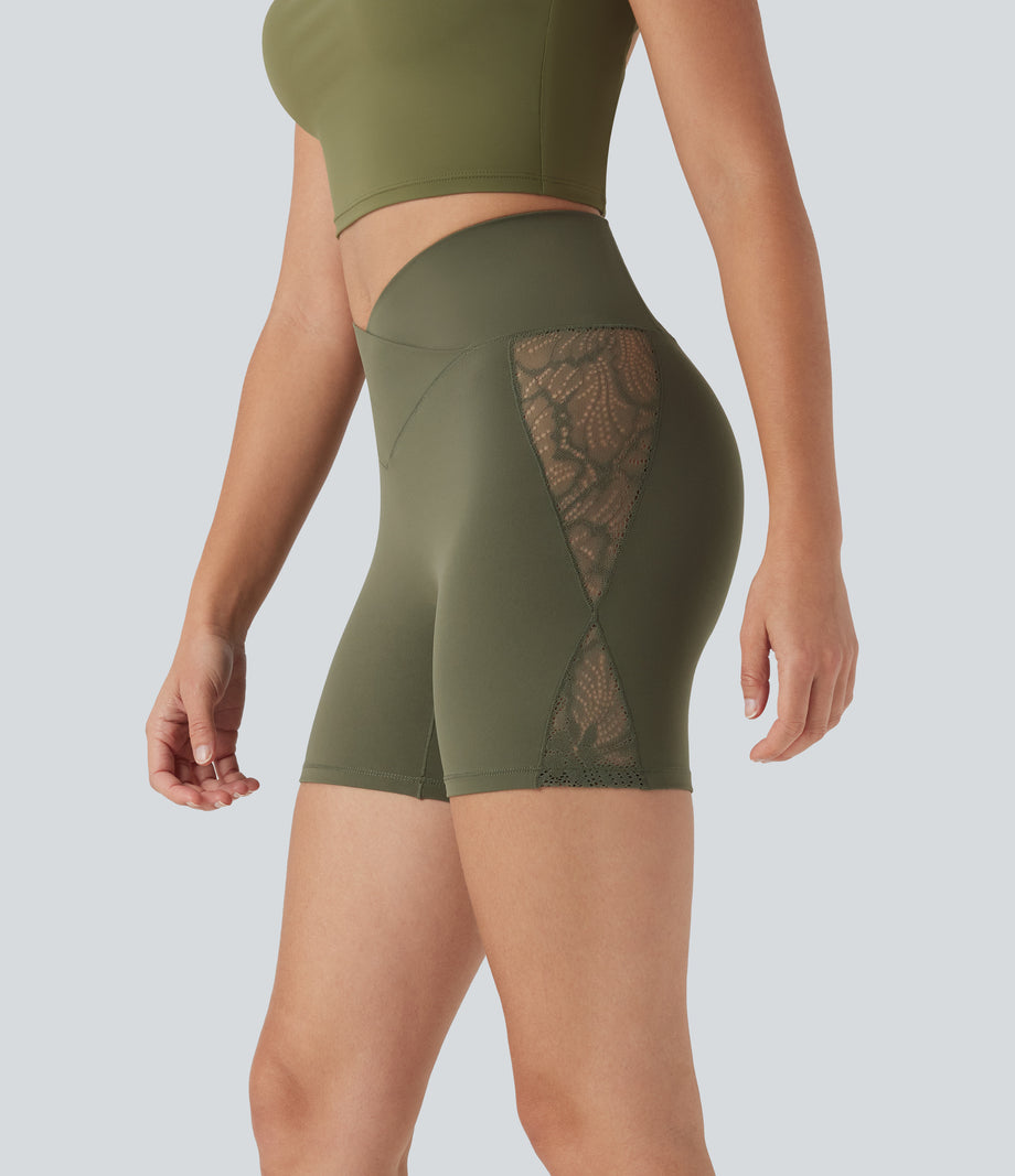 SoftlyZero™ High Waisted Crossover Contrast Lace Pocket Yoga Biker Shorts 5''-UPF50+ - Grass Grey Green