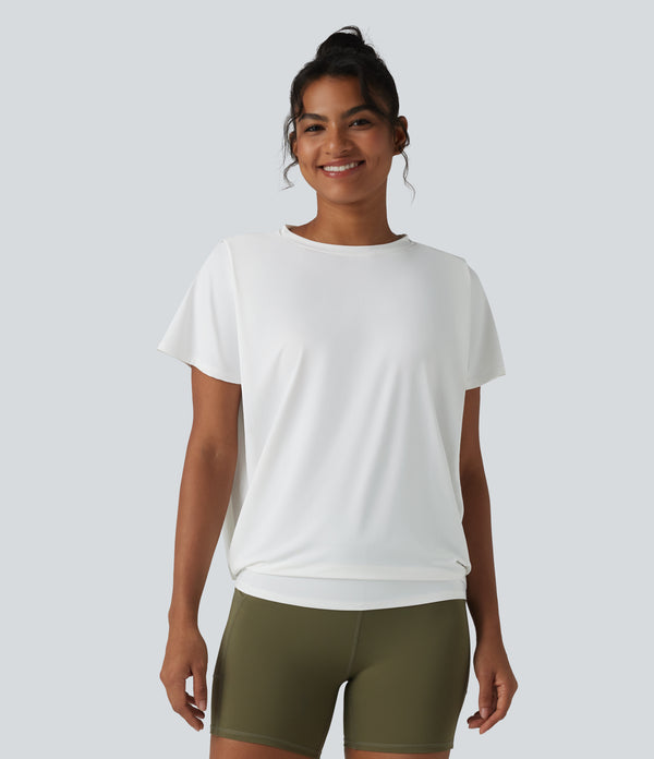 Round Neck Short Sleeve Ruched Cool Touch Yoga Sports Top-UPF50+ - White