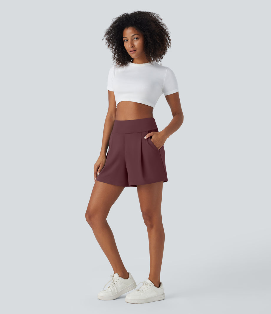 DayStretch High Waisted Work Baggy Shorts 4'' with Pockets - Red Mahogany