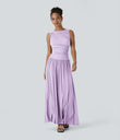Ribbed Boat Neck Asymmetric Strap Ruched Pocket Flowy Maxi Casual Dress - Misty Purple