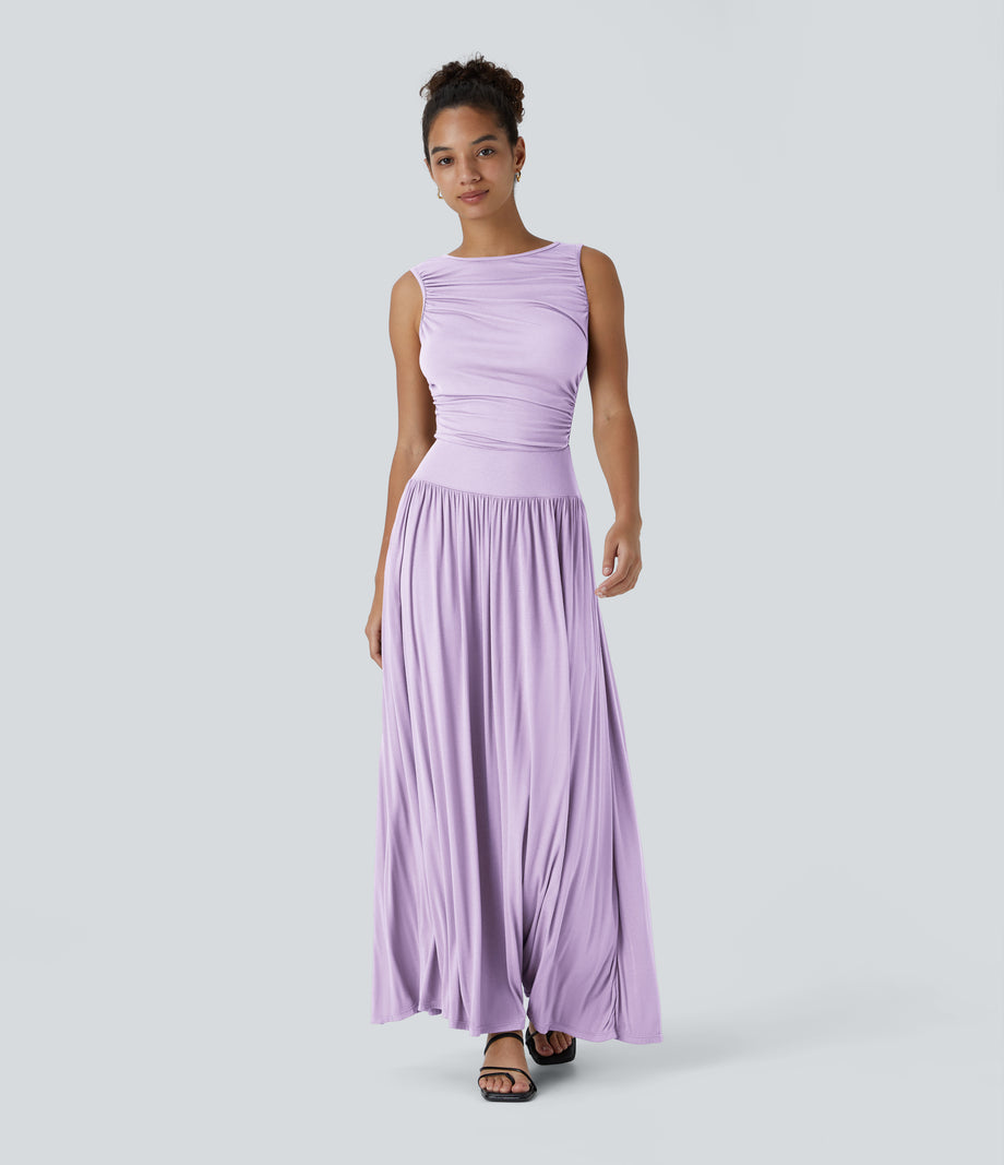Ribbed Boat Neck Asymmetric Strap Ruched Pocket Flowy Maxi Casual Dress - Misty Purple