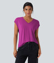 V Neck Short Sleeve Casual T-Shirt - Fuchsia Fedora