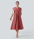 Breezeful™ V Neck Short Sleeve Pocket Tie Back Quick Dry Midi Casual Dress - Kapok Red