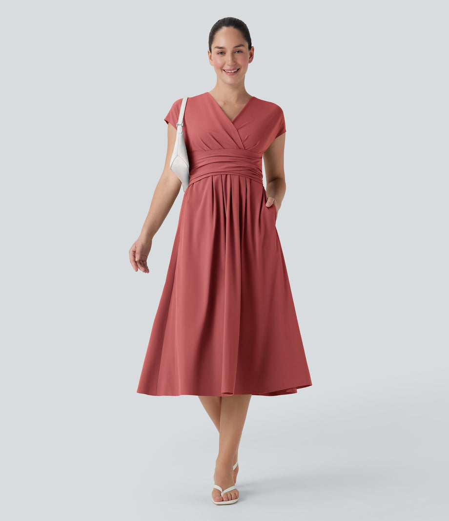 Breezeful™ V Neck Short Sleeve Pocket Tie Back Quick Dry Midi Casual Dress - Kapok Red