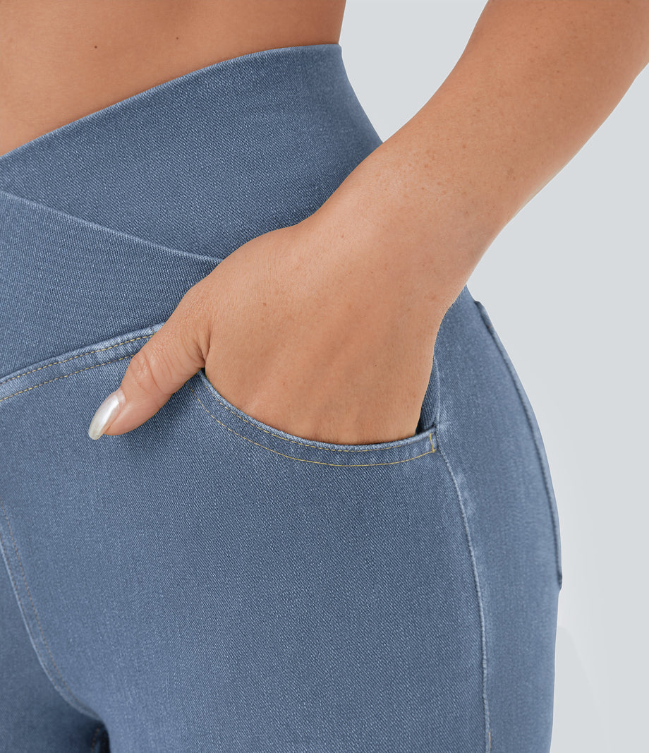 Halara Flex™ High Waisted Crossover Pocket Cool Touch Washed Casual Jeans - Pastel Blue Denim