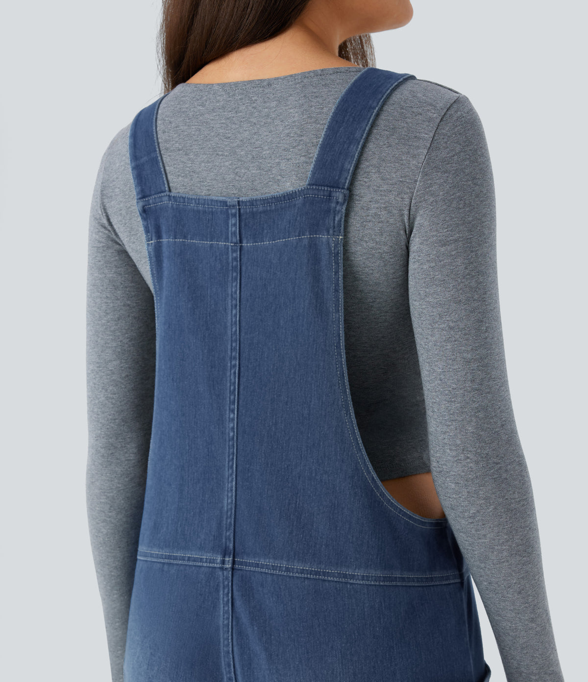 Halara Flex™ V Neck Pocket Washed Denim Casual Overalls - Frost Blue Denim