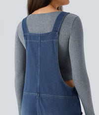 Halara Flex™ V Neck Pocket Washed Denim Casual Overalls - Frost Blue Denim