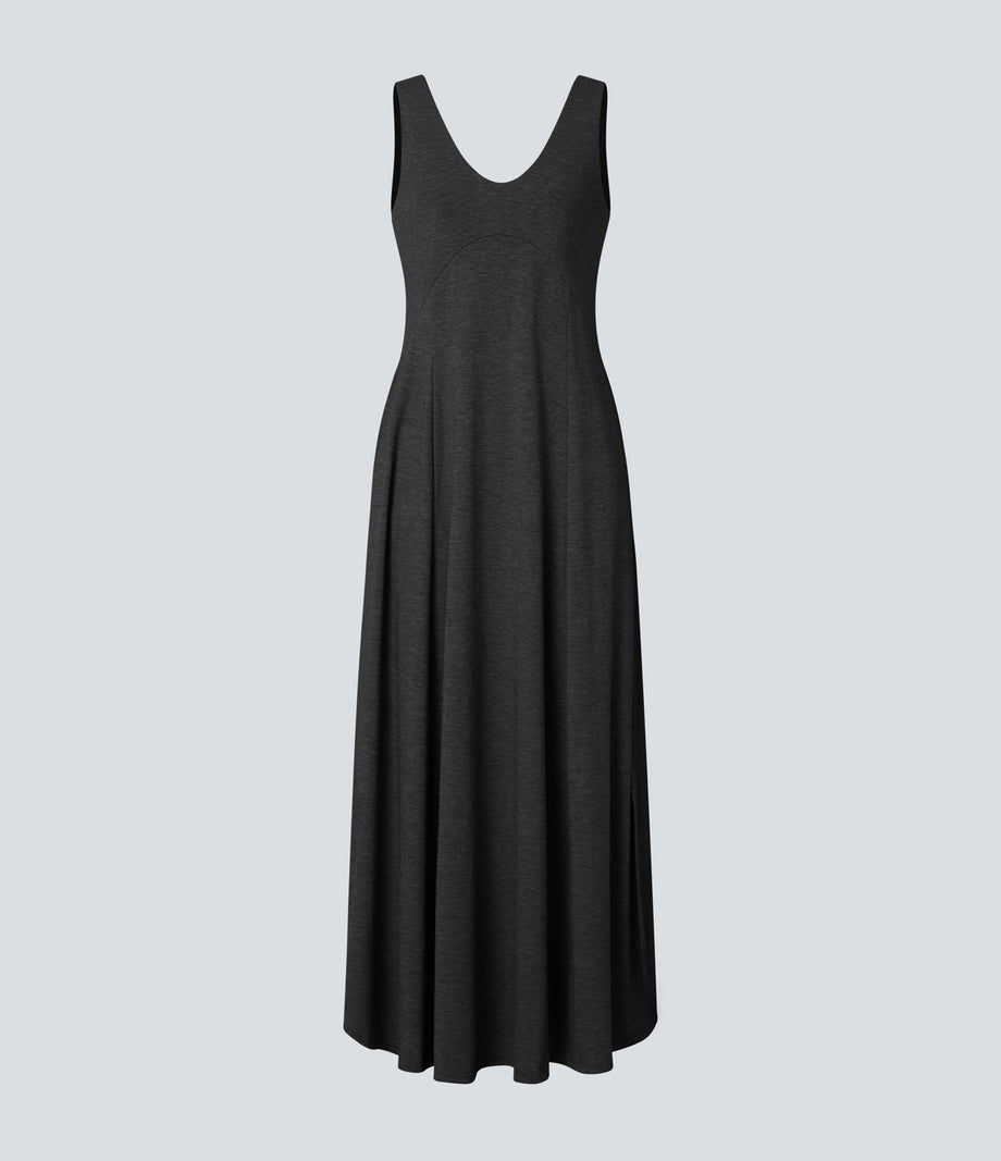 U Neck Flowy Maxi Casual Tank Dress - Black