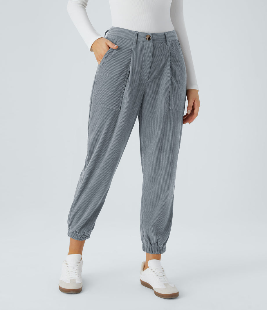 Mid Rise Zipper Pockets Corduroy Casual Joggers - Blue Flower Gray