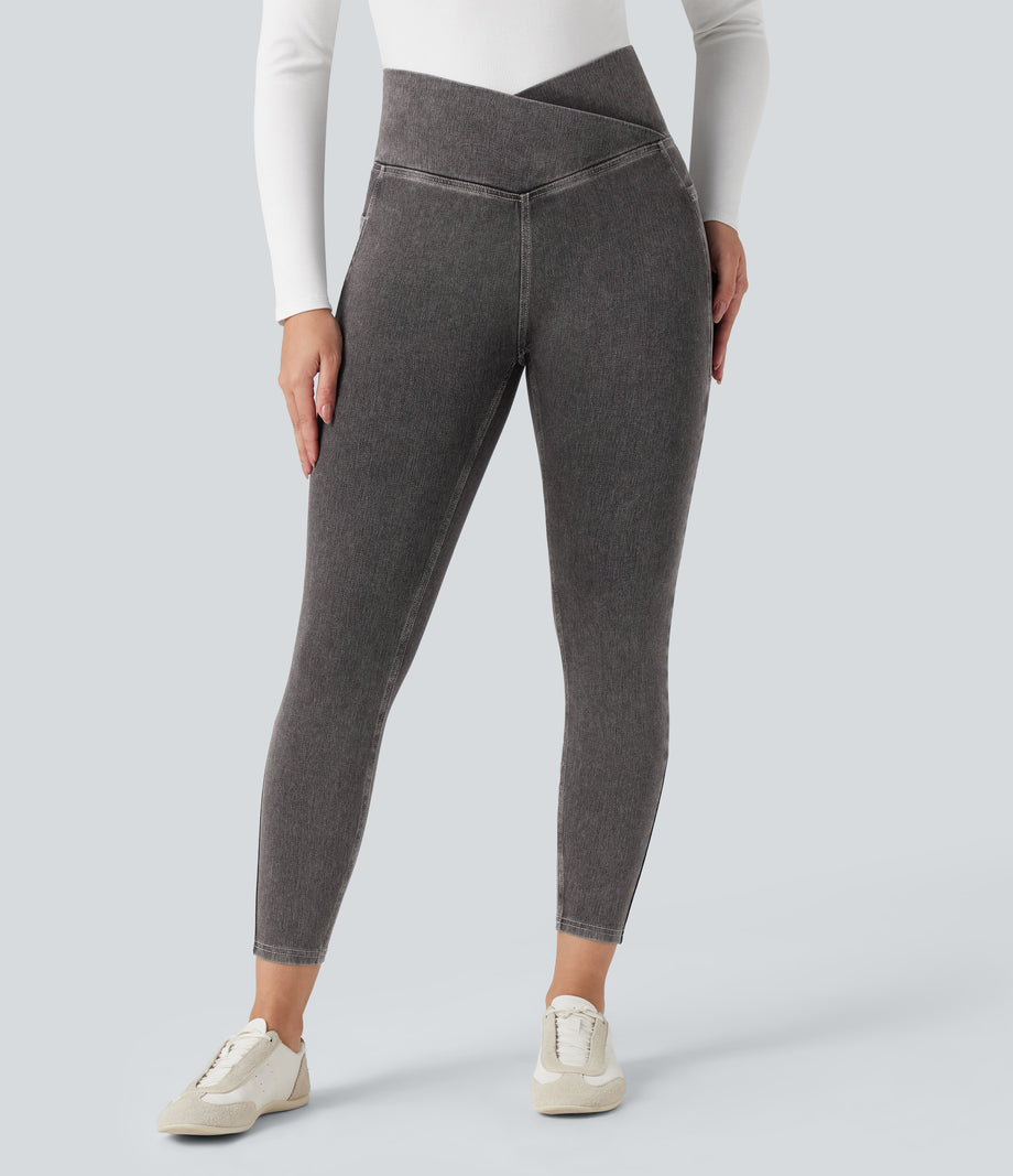 Halara Flex™ Crossover Pocket Washed Denim Work Leggings - Cool Gray Denim