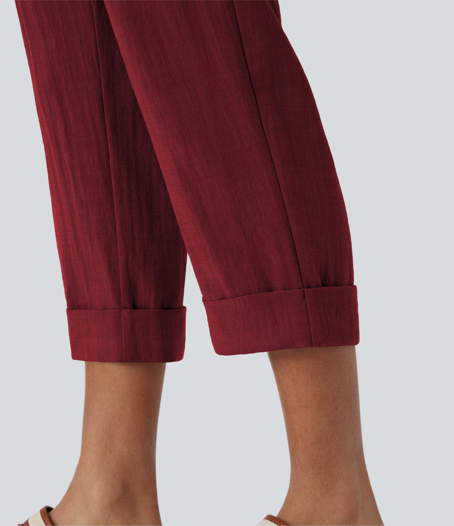 High Waisted Zipper Pocket Cropped Linen-Feel Pants - Biking Red