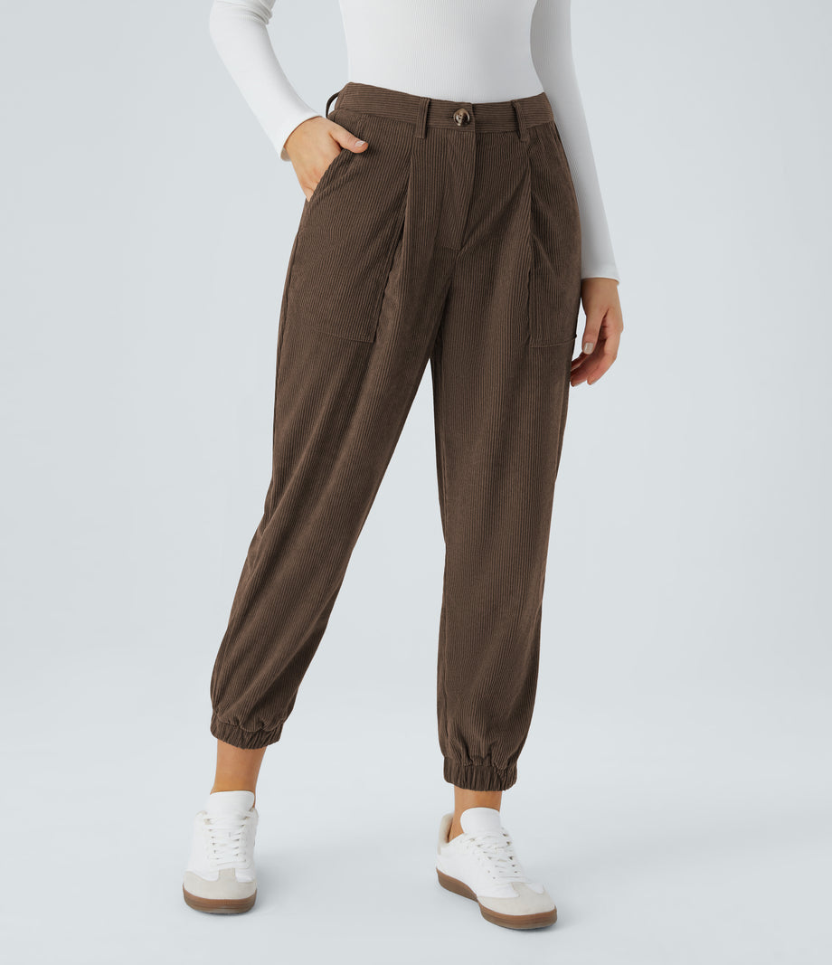 Mid Rise Zipper Pockets Corduroy Casual Joggers - Demitasse