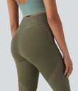 SoftlyZero™ High Waisted Crossover Pocket Contrast Lace Flare Yoga Leggings - Grass Grey Green