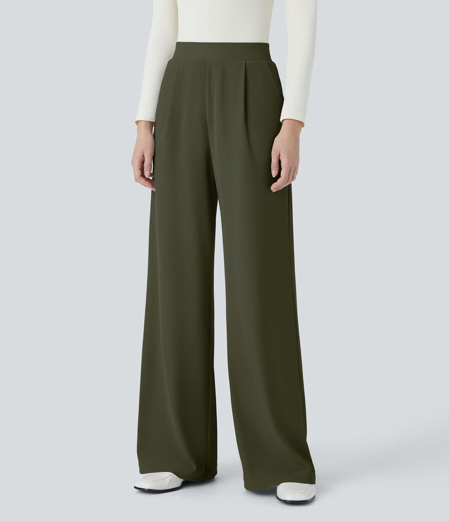 Halara Flex™ High Waisted Body Sculpt Waist-Slimming Pocket Wide Leg Micro Waffle Work Pants - Lone Pine Green