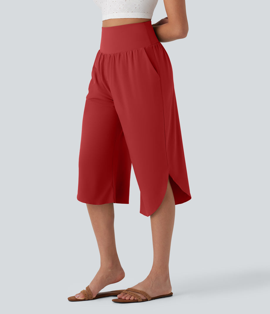 Breezeful™ High Waisted Tummy Control Hem Quick Dry Capri Pants with Pockets - Pompeian Red