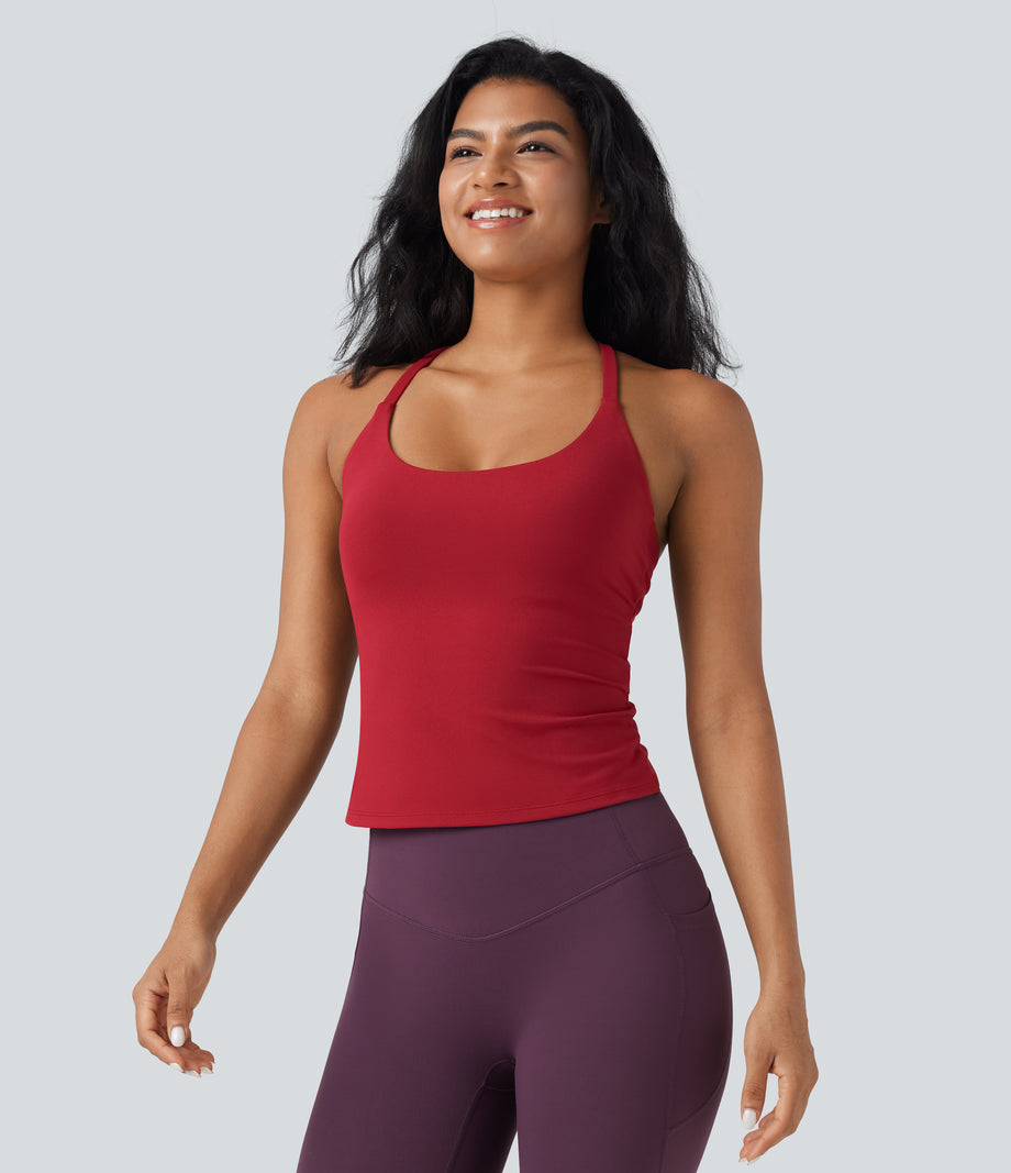 Scoop Neck Crisscross Back Crossover Hem Yoga Cami Top - Scarlet Sage