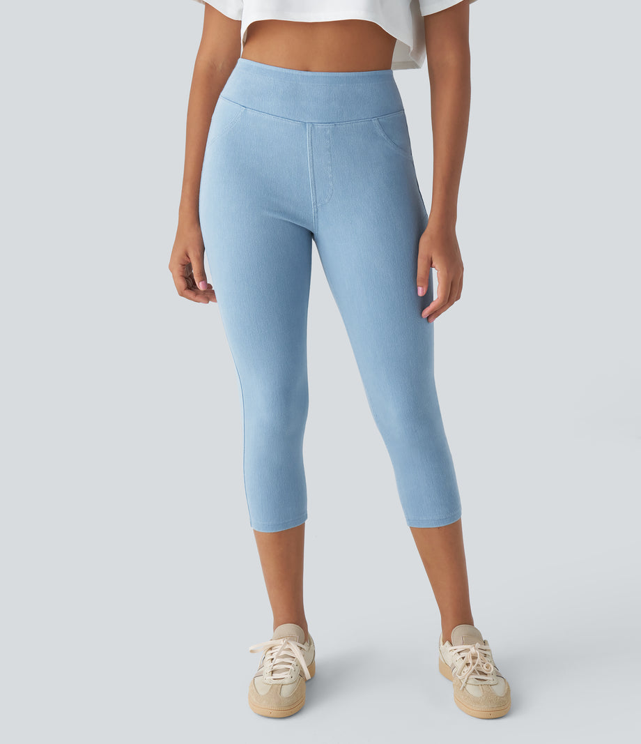 Halara Flex™ High Waisted Pocket Denim Capri Casual Leggings - Washed Denim Sunny Blue