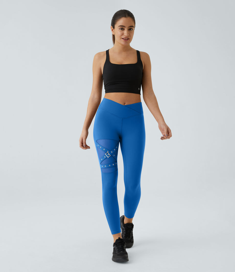 DayStretch High Waisted Crossover Contrast Mesh Decorative Buckle Yoga Leggings - Victoria Blue