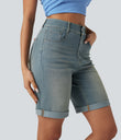 Halara Flex™ High Waisted Pockets Rolled Hem Washed Denim Casual Bermuda Shorts - Blue Surf Denim