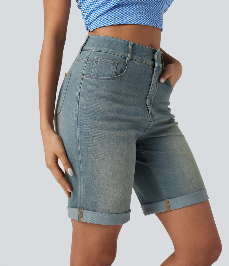 Halara Flex™ High Waisted Pockets Rolled Hem Washed Denim Casual Bermuda Shorts - Blue Surf Denim