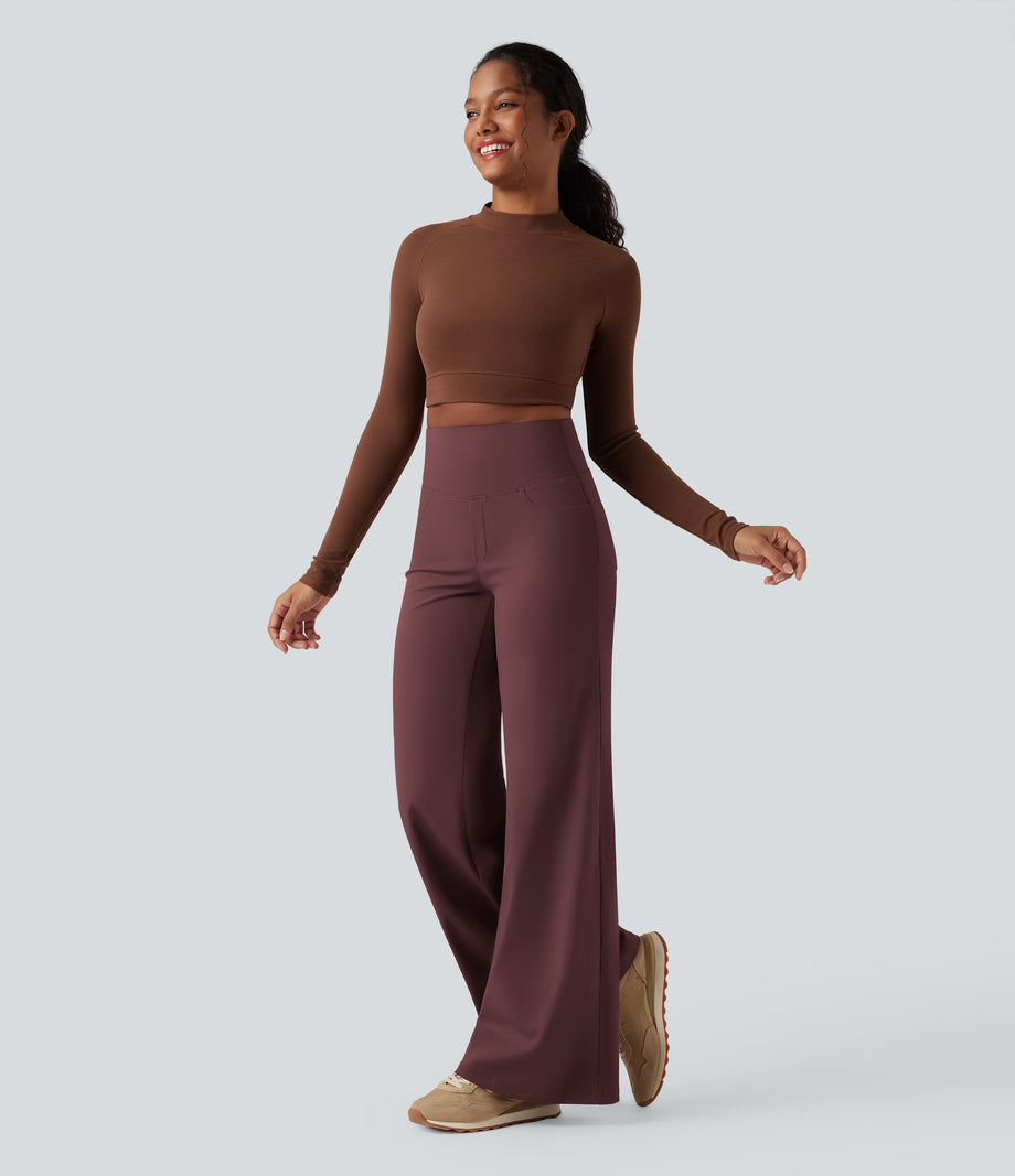 DayStretch High Waisted Tummy Control Wide Leg Baggy Yoga Pants with Pockets - Red Mahogany