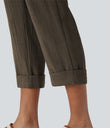 High Waisted Zipper Pocket Cropped Linen-Feel Pants - Dark Earthy Brown