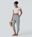 High Waisted Zipper Pocket Cropped Linen-Feel Pants - Quarry