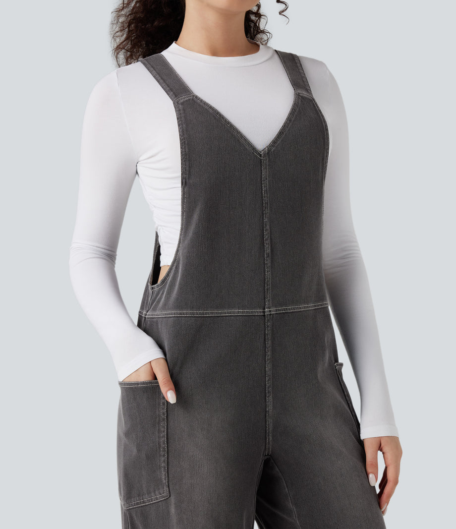 Halara Flex™ V Neck Pocket Washed Denim Casual Overalls - Cool Gray Denim