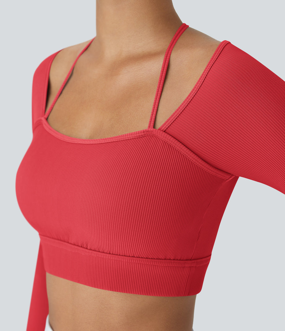 Ribbed Halter Strap Thumb Hole Cropped Yoga Sports Top - Tomato