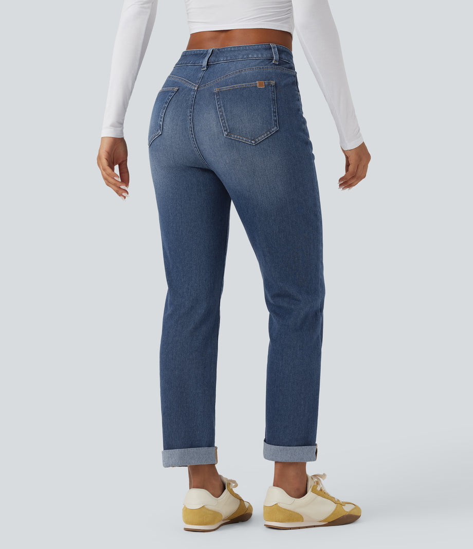 Halara Flex™ High Waisted Rolled Hem Casual Slim Jeans with Pockets - Estate Blue Denim