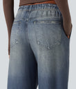 Mid Rise Denim Print French Terry Casual Sweatpants Jeans with Pockets - Dutch Blue Denim