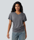 V-neck Short Sleeve Ruched Relaxed Casual Top - Darl Gray Floral Yarn