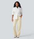 Halara Flex™ Mid Rise Pockets Straight Leg Casual Cargo Jeans - Khaki White Denim