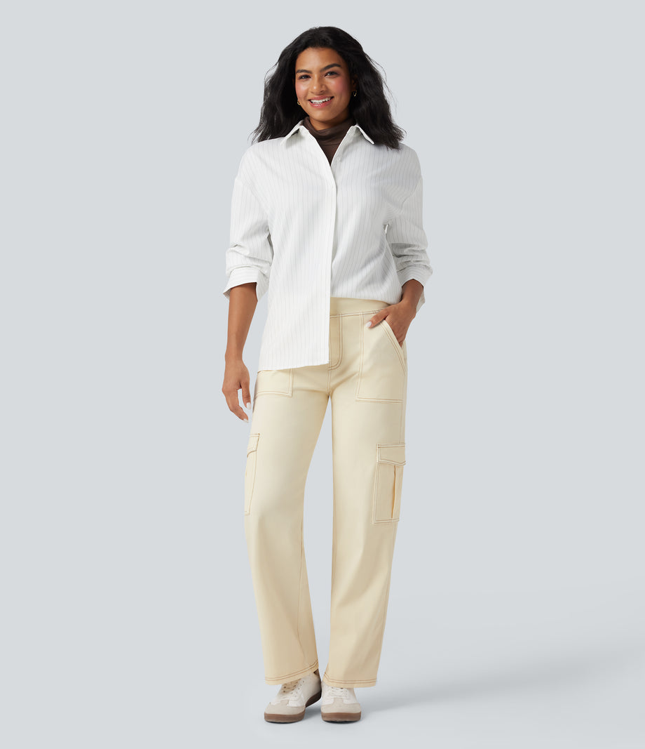 Halara Flex™ Mid Rise Pockets Straight Leg Casual Cargo Jeans - Khaki White Denim