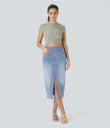 Halara Flex™ High Waisted Pockets Bodycon Washed Denim Casual Midi Skirt - Gray Blue Denim