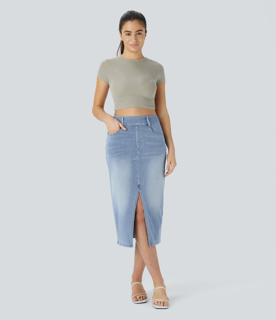 Halara Flex™ High Waisted Pockets Bodycon Washed Denim Casual Midi Skirt - Gray Blue Denim