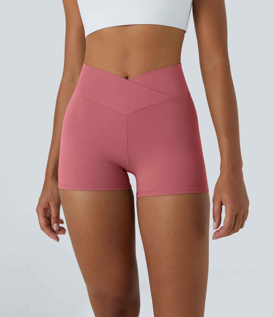 SoftlyZero™ High Waisted Crossover Plain Yoga Biker Shorts 3''-UPF50+ - Begonia Rouge