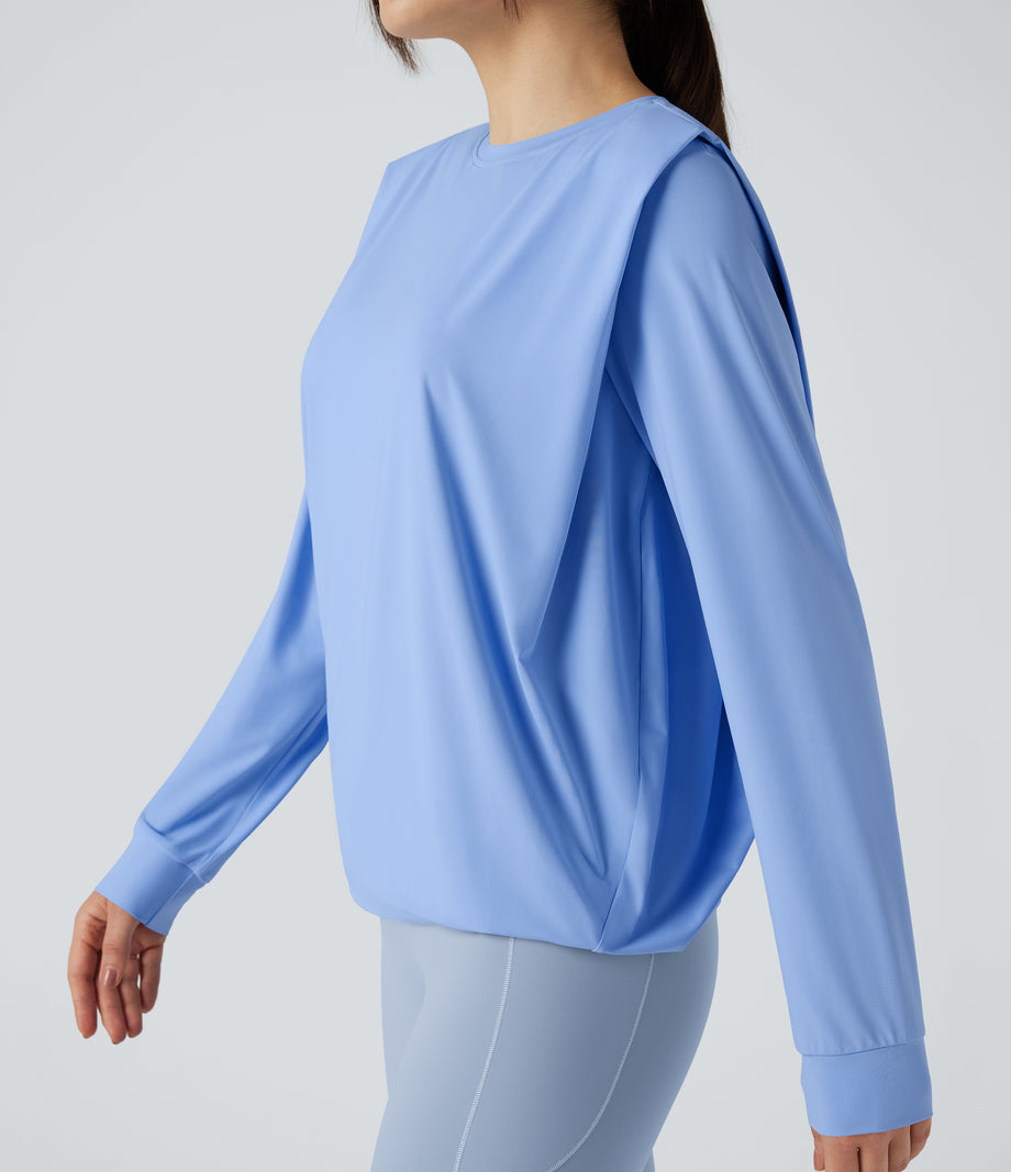 Round Neck Long Sleeve Ruched Yoga Sports Top-UPF50+ - Sky Blue