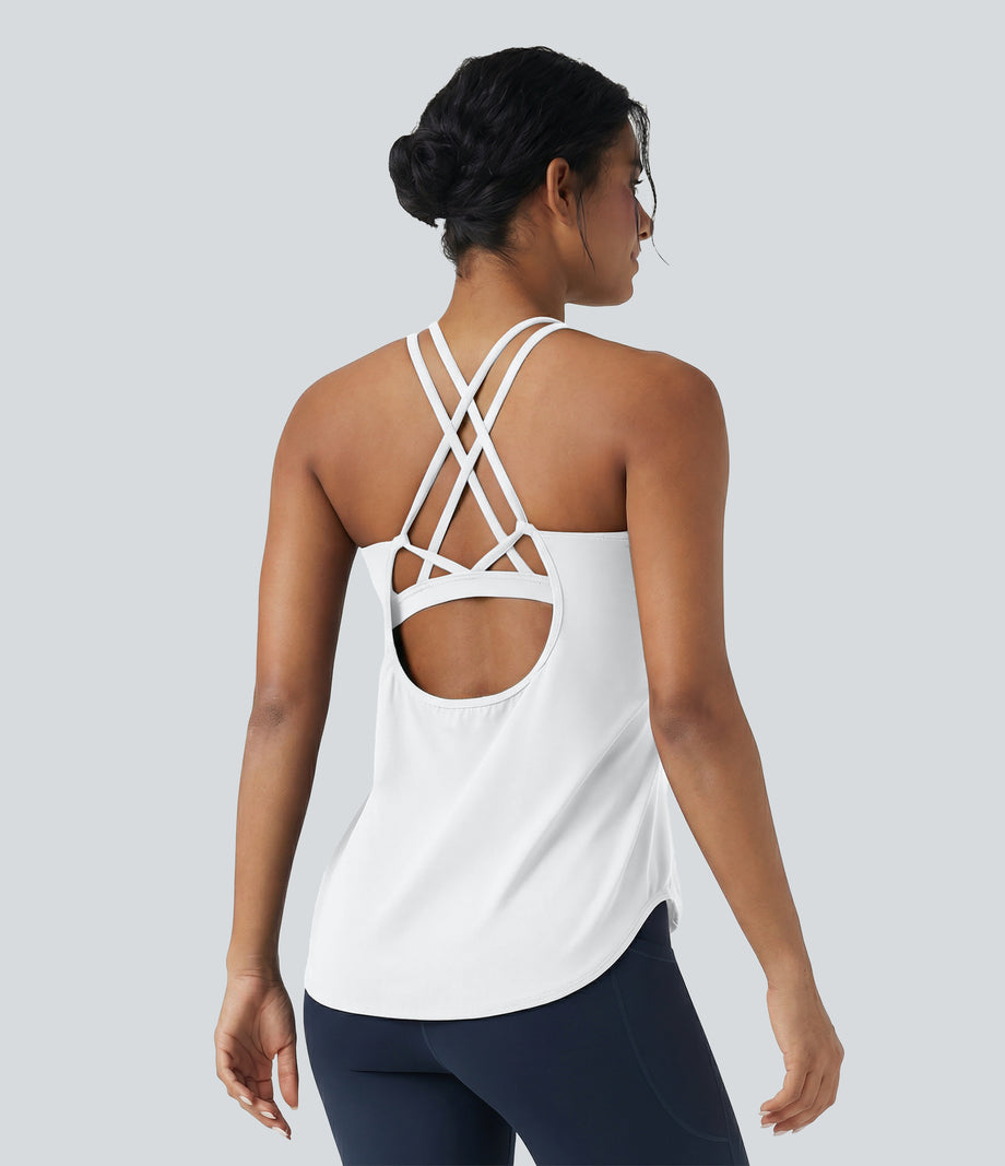 Halara UltraSculpt™ Round Neck Crisscross Back Running Tank Tops DD-F Cups - White